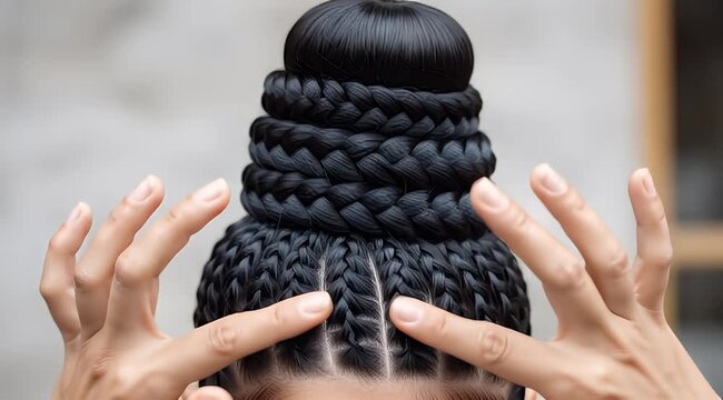 Close-up of hands styling intricate braided hairstyle on a persons head.