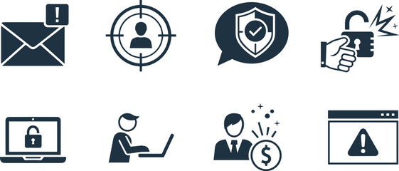 Cybersecurity and finance icons illustrating data protection, online security, and financial success concepts.