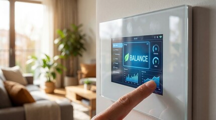 Smart home control panel showing energy balance, finger touching screen in modern living room Concept of technology, efficiency, and sustainability
