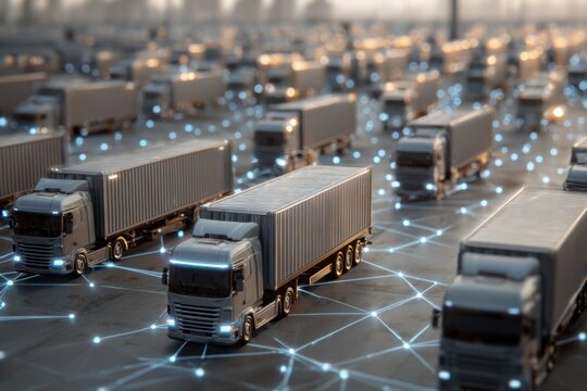 AIpowered cargo transport trucks move efficiently within modern transportation networks for streamlined logistics solutions - Powered by Adobe