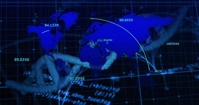 digital grid filling starting helix sliding behind map fading arcs tracing and data flowing