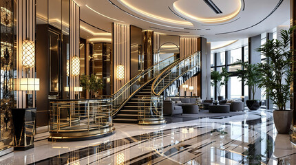 A hotel lobby with a staircase in Art Deco style