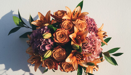 Beautiful bouquet of orange roses and lilies with purple hydrangea on a neutral background