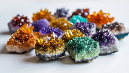 Colorful crystals arranged on a white surface show various shapes and colors, showcasing nature's beauty and diversity in mineral forms