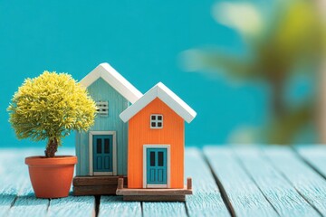Small wooden house models in vibrant colors on a blue wooden surface with a decorative miniature plant enhancing the tiny homes concept