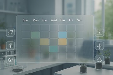 A digital calendar UI in an environmental research station. Headers 'Sun Mon Tue Wed Thu Fri Sat' above empty grid cells with nature-inspired color highlights. Eco icons: leaf, water drop, recycling.