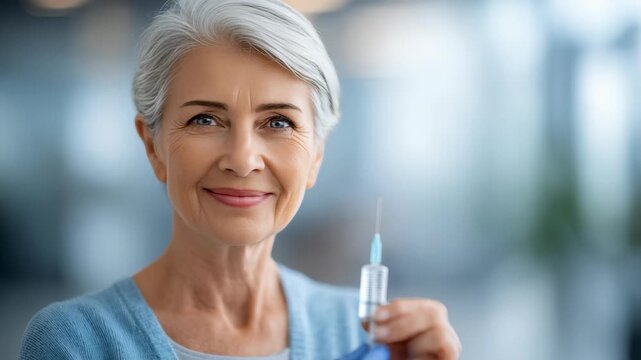 Confident senior woman with short gray hair smiling gently while holding a syringe in a bright medical environment. She exudes trust and professionalism in healthcare settings