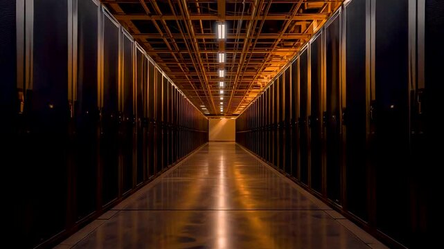 Endless Corridor Wooden Ceiling Warm Orange Lights Reflective Floor Perspective Tunnel