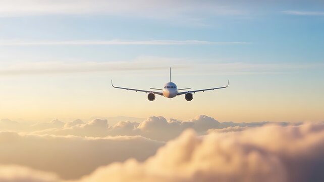 Commercial airplane flying above soft clouds at sunrise - Powered by Adobe