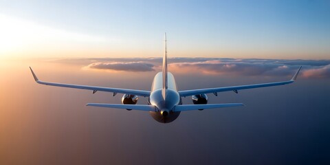 Passenger jet flying through clouds at sunrise airplane