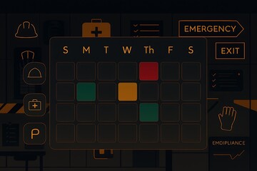 A futuristic calendar interface floating in a safety control room. Day headers 'S M T W Th F S' above an empty 5x7 grid with color-coded hazard alerts (red, yellow, green).