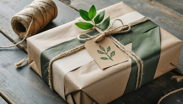 Wrapped gift on wooden table with twine and green leaves for special occasion - Powered by Adobe
