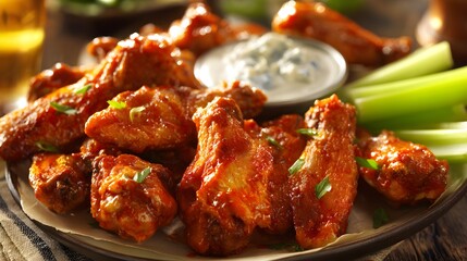 Delicious buffalo chicken wings coated in a rich spicy sauce served with dipping sauce and garnish