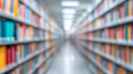 Rows of brightly colored books line the shelves, forming a captivating blur. This lively library setting invites readers to explore its rich collection on a sunny afternoon