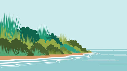 Coastal Vista: A serene illustration of a coastal landscape, depicting a shoreline adorned with lush greenery, merging seamlessly with the tranquil waters.