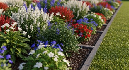Patriotic Summer Garden Display: Vibrant Red, White, and Blue Flowers Blooming in a Professionally Landscaped Border Design Concept.