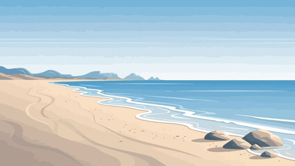 Coastal Tranquility: An artistic impression of a serene beach, where the rhythmic dance of waves gently caresses the sandy shore, framed by the boundless expanse of the clear blue sky.