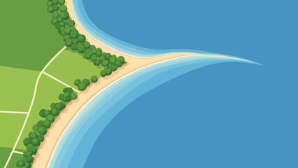 Coastal Serenity: An eye-level aerial perspective unveils a serene coastline, where sandy shores meet the vastness of the sea, embraced by a rich tapestry of emerald foliage.