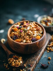 Healthy Granola Mix in Wooden Bowl with Spoon