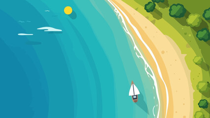 Serene Coastal Escape: A vivid aerial view captures the beauty of a sun-kissed beach meeting the turquoise ocean, a lone sailboat drifting peacefully across the waves.