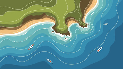 Coastal Serenity: An eye-level view, overlooking tranquil blue ocean meeting a beautiful coastline. Illustrating harmony and peace in the landscape.