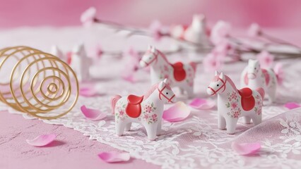 Delicate unicorn figurines on lace