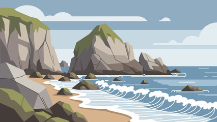 Coastal Serenity: A scenic coastal view with rocky formations and the soothing rhythm of waves gently kissing the shore, captured in a stylized and captivating illustration.
