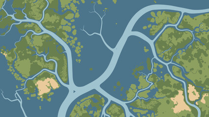 Aerial View of River Delta System: An abstract aerial perspective showcases an intricate river delta, with meandering waterways converging into a sprawling network and vibrant green islands. 