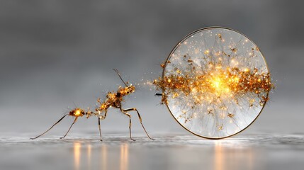 Ant pushing a glowing dandelion seed head, symbolizing effort and focus.