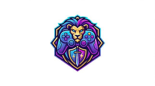 Lion gaming mascot logo with controller and sword on shield