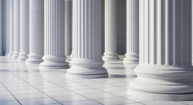 Majestic White Classical Columns Standing in a Row on Polished Marble Tiles, Representing Legal Authority and Financial Stability Concept