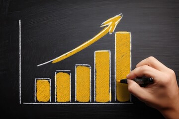Hand drawing a yellow arrow graph on a chalkboard during a presentation about data trends and growth strategies in a classroom setting