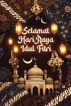 Beautiful Eid Al Fitr Greeting with Mosque and Lanterns.