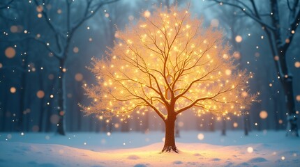 Fairytale glowing tree with magical illumination, floating light particles, dreamy bokeh background, festive Christmas design