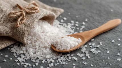 Coarse Sea Salt Crystals Spilling from Burlap Bag onto Stone Surface