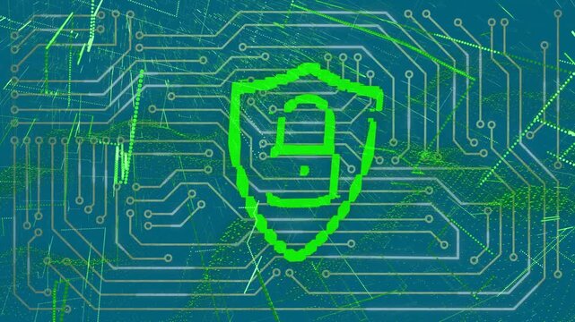 Animation of padlock icon over computer circuit board and shapes on blue background