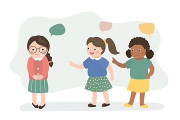 Obraz premium Unhappy child is crying because two children are bullying her, girl is being bullied, bullying concept. Multiethnic kids bully friend, bad behavior.