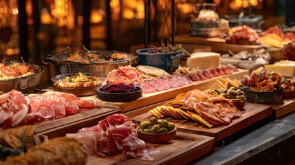 Obraz premium Artfully arranged gourmet charcuterie board featuring assorted meats cheeses and olives for a delicious gathering