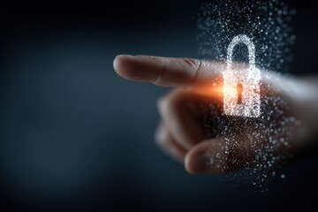 Finger touching a digital interface representing server security with a glowing lock symbol, emphasizing modern technology and information protection