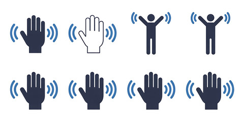Obraz premium Various Waving Hand Icons and Human Figures Illustrating Remote Communication and Greeting