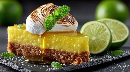Delicious Key Lime Pie Slice with Meringue and Fresh Limes.