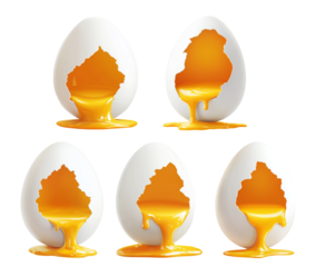 Close-up of cracked white egg with yolk inside eggshell, isolated on white transparent background.