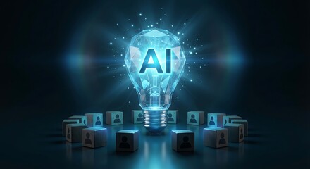 Artificial intelligence concept with glowing blue lightbulb and people icons
