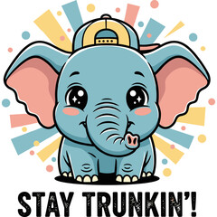 funny cute blue and pink elephant artwork with big head tiny body flat color block style vector illustration