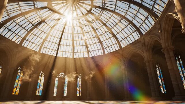 Sunbeams entering grand abandoned cathedral rotunda with stained glass windows