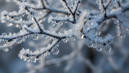 Frozen tree branches covered in ice crystals on a cold winter day