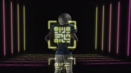 Neon qr code over rear view of african american male rugby player against black background