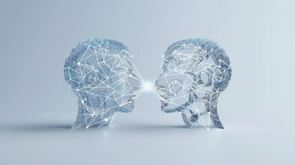 Two transparent human head outlines facing each other, connected by a glowing light, representing communication and artificial intelligence.