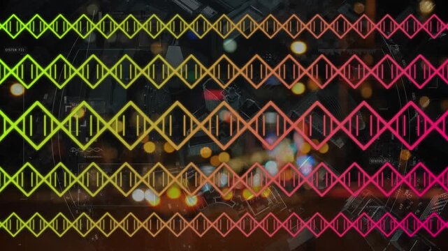 Animation of yellow and red pattern moving over blurred night cityscape