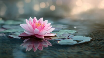 Pink water lily blooming on tranquil pond with reflections and soft light.